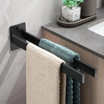 Image de Porte-serviettes à percer, rectangulaire, double barre, noir mat, acier inoxydable, support à deux bras, porte-serviettes mural pour salle de bains et cuisine, 38 cm