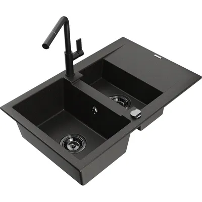 Obrázek produktu pro Mexen Gaspar 1,5-miskový granitový dřez s odkapávačem a kuchyňskou baterií Flora, Černá/Zlatá - 6507-75-670401-70-B