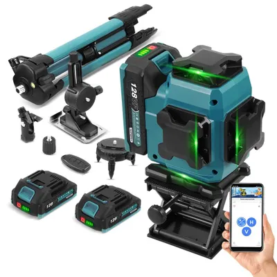 Produktbild von Grüner 4D Linienlaser - 16 Linien selbstnivellierender Baulaser - 360° horizontal & vertikal - 25 m Reichweite - IP54 - 18V, 2x 7500mAh Akkus