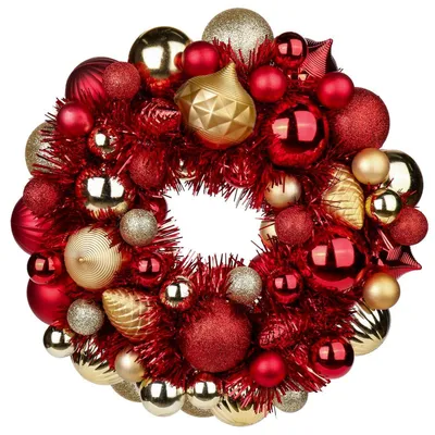 Productafbeelding van Kerstkrans, 33 cm, rood en goud, breukvaste kunststof, met 4 verschillende balgrootten
