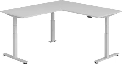 Produktbild von bümö Eckschreibtisch elektrisch höhenverstellbar L-Form - Gestell: Silber, Nachbildung: Grau, Größe: Eckschreibtisch 180 x 200 cm