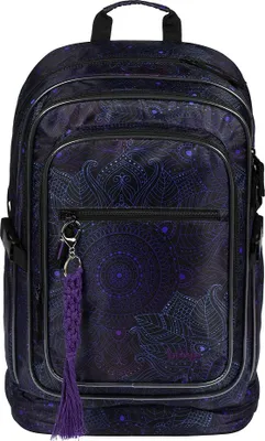 A backpack with a purple and black mandala pattern.