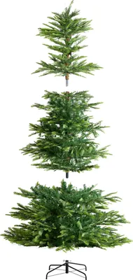 A disassembled artificial Christmas tree shown in sections against a white background.