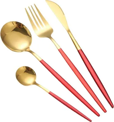 Produktbild von 24 teiliges Besteck-Set aus hochwertigem Edelstahl für 6 Personen - Rot/Gold