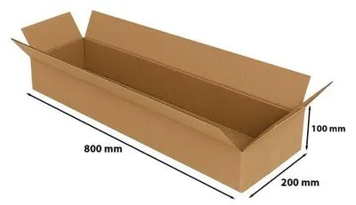 A long, narrow cardboard box with its flaps open, showing its dimensions.