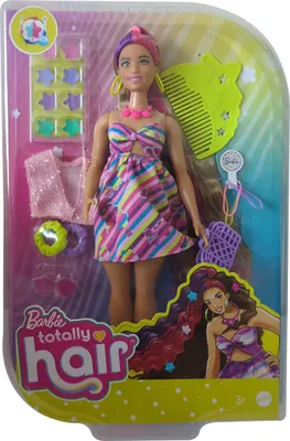 Obrázok produktu pre Mattel HCM89 Barbie Totally Hair Star s ružovými, fialovými a blond vlasmi, doplnkami na úpravu vlasov a farebnými kvetinovými šatami