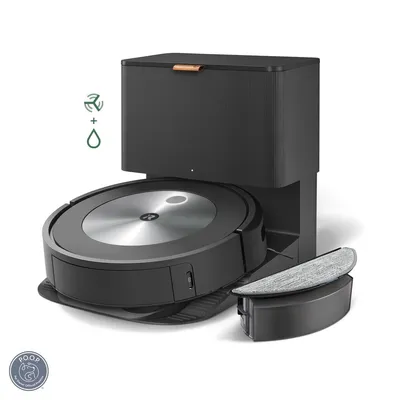 A robot vacuum cleaner and its charging station are displayed against a white background.