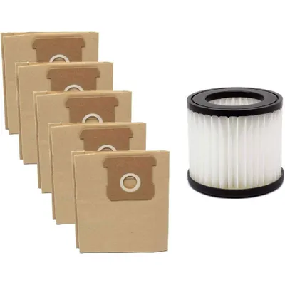 A set of vacuum cleaner bags and a filter are displayed against a white background.