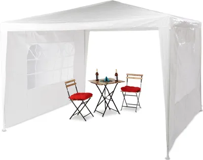 Produktbild von Relaxdays Pavillon 3x3 m, 2 Seitenteile, Metall Gestell, PE Plane, Fenster, Festival Partyzelt, Geschlossen, Weiß