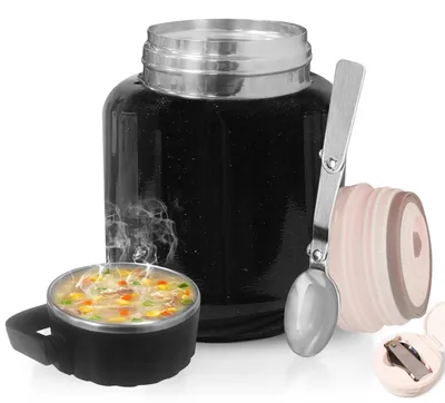 Image de Omgoods - Thermoconteneur en acier inoxydable de 900 ml avec cuillère pliable, idéal pour les aliments chauds et froids