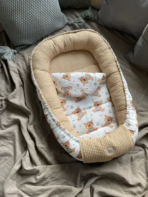 Produktbild von Waffelpique TAUPE Braun/ Cute Teddy Babynestchen Unterlage 2 Tlg SET Babynest Wicleklunterlage Reisebett Babydecke Babyausstattung 2 Seitig Geschenk
