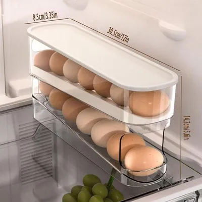 Zdjęcie produktu dla Pojemnik na jajka do lodówki, dozownik jajek na kółkach do lodówki, wykonany z wytrzymałego, przezroczystego tworzywa PTE, mieści 12 dużych jajek, waży 0,5 kg