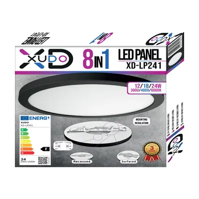 Zdjęcie produktu dla Panel LED XUDO 8-w-1 24W, okrągły Ø30 cm, 2600 lm, 3000/4000/6000K, do wbudowania i natynkowy, czarny, IP20
