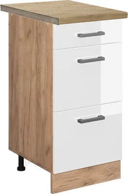 Produktbild von Küchenunterschrank Vicco R-Line Weiß Hochglanz 40 cm mit Schubladen, AP Eiche, Model 46807