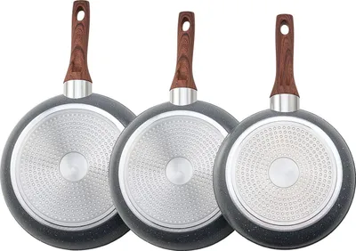Immagine prodotto di SucceBuy Set di 3 padelle (250 / 280 / 325 mm), robuste padelle in alluminio con rivestimento antiaderente, versatili per piani di cottura a gas, elettrici e a induzione, colore grigio