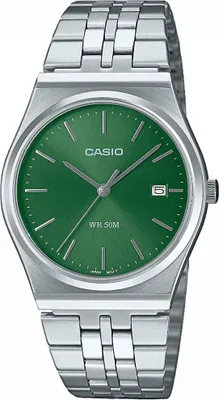 A close-up studio shot of a Casio watch with a green dial and a silver metal band.