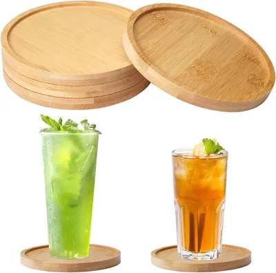 Image de Sous-verres ronds en bois - Lot de 4 - Dessous de bougie en bambou de 12 cm - Marron