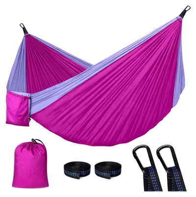 Produktbild von Ultraleichte Camping-Hängematte für Outdoor mit Karabinern und Baumgurten, 295x140cm, 350kg Tragkraft, Rosa und Lila