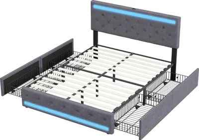 Obrázek produktu pro Rám manželské postele 180 x 200 cm se 4 zásuvkami, čalouněný, s LED osvětlením, úložný prostor, lněná tkanina, bez matrace, šedý