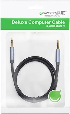 A packaged audio cable with 3.5mm connectors.