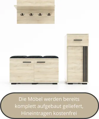 Produktbild von Garderobenset PIK-3, Flurgarderobe, Flurset, 4 Kleiderhaken, Schrank, Wandregal, Schuhschrank, fertig aufgebaut, Farbe: Sonoma Eiche