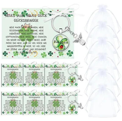 Produktbild von Solidchoice Glücksbringer-Set mit 16 Teilen – Schlüsselanhänger/Kleeblätter – Neujahrsgrüße – Organzasäckchen – Schleifband (20 m) – Hochwertige Materialien – Glücksbringer-Geschenke