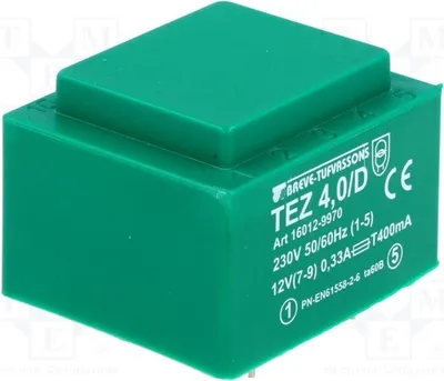 Immagine prodotto di 1 trasformatore: rivestito, 12V, 230VAC, 333,3mA, 4VA. Montaggio: TEZ4/D230/12V - trasformatore