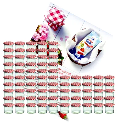 Image de lot de 75 bocaux en verre 125 ml To 66 à couvercle rouge à carreaux avec livret de recettes