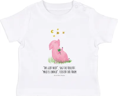 Produktbild von Mr. & Mrs. Panda Babyshirt Schwein Glück 6. - 12. Monat - Weiß - Geschenk, Baby T-Shirt, Sterne,  Shirt, Oberteil, Ziele, Motivation, Träume, Lustige Sprüche
