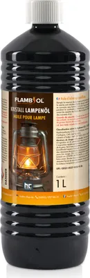 A bottle of lamp oil with a label showing a lit oil lamp.