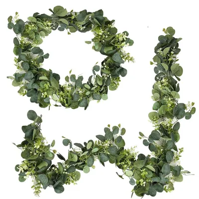 Produktbild von 2er Set Künstliche Eukalyptus Girlande mit Weißen Blumen 1.8m Grün
