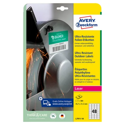 Produktbild von Avery Zweckform L7911-10 Ultra-Resistente Folien-Etiketten, 45,7 x 21,2 mm, 10 Bogen/480 Etiketten, weiß