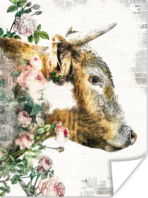 Produktbild von MuchoWow® Poster Scottish Highlander - Blumen - Zeitungspapier 60x80 cm - Schlafzimmer Dekoration