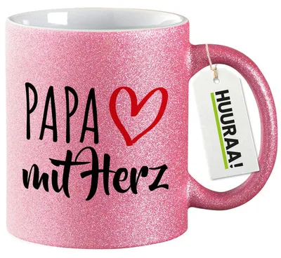 Produktbild von Huuraa Glitzertasse Papa mit Herz 330ml Pink Keramik Kaffeebecher Geschenkidee