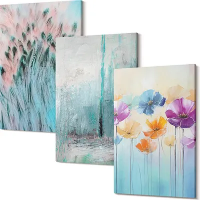 Produktbild von Leinwandbild – Wandbild – Leinwandbilder – Kunstdruck – Polycanvas – Modern – Mehrteilig – 3-Teilig Set – Hochwertig – Geruchslos – Lichtecht – Fertig Aufgespannt – 40x60 Cm Je Teil - Blumen vor einem Hintergrund aus Pastellfarben und zarten Mustern