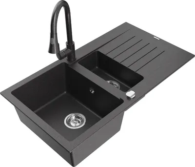 Produktbild von Mexen Matias 1,5-Becken-Granitspüle mit Abtropffläche und Mischbatterie Elia, Schwarz gesprenkelt - 6502-76-670101-76