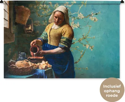 Produktbild von MuchoWow® Wandteppich Wandbehang Milchmädchen - Mandelblüte - Van Gogh - Vermeer - Gemälde - Alte Meister 120x80 cm Tapisserie Dekoration Wandtuch - Wanddekorationen - Wandtücher
