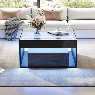 Image de Table basse noire de 70x70x35 cm avec 2 tiroirs, plateau en verre trempé avec éclairage LED et finition haute brillance