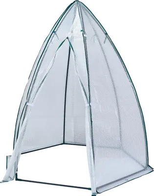 A pyramid-shaped greenhouse with a clear plastic cover and green trim, set against a white background.
