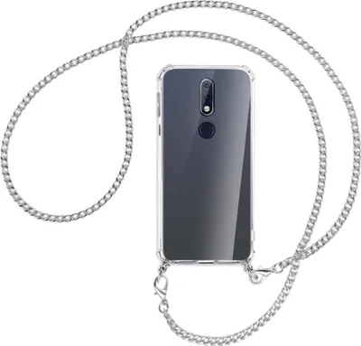 Produktbild von Handykette Backcover-Schutzhülle mit Band (Metall silberfarben) für Nokia 7.1 - silberfarbene Kette