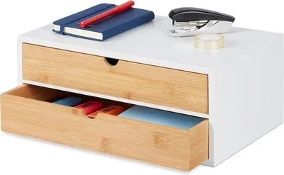 Zdjęcie produktu dla Organizer biurowy 2 szuflady bambus MDF 14 x 33 x 21 cm Mini szuflada biały natura