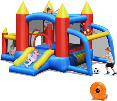 Produktbild von Aufblasbare Hüpfburg mit Gebläse, Hüpfburg mit Rutsche & Sprungbereich & Fußballtor, Springburg, Castle Bouncer mit Tragetasche & Bällen, Hüpfschloss für Kinder 3-10 Jahren, Indoor & Outdoor