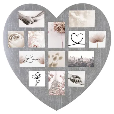 A heart-shaped photo frame with multiple small pictures arranged inside.