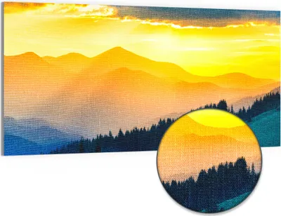 Produktbild von DEQORI Hybrid Leinwand Bild 100x50 cm 'Sonnenuntergang in Bergen' Wandbild Glas flach modern