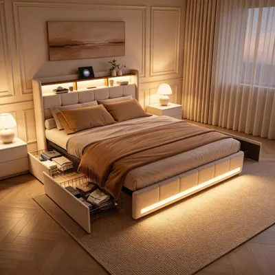 Produktbild von SUNFECILI Polsterbett 180x200 cm,Bett mit Schubladen,mit Lattenrost,Weicher Rückenlehne und Kopfteil,USB,LED,Doppelbett,Jugendbett,Leinen,Beige