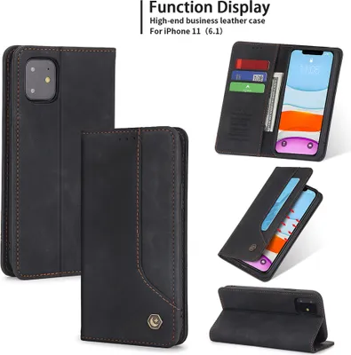 Produktbild von iPhone 11 Hülle, LaimTop Retro Kunstledertasche Schutzhülle mit Kartenfach Standfunktion für iPhone 11 Schwarz