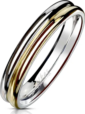 Produktbild von viva adorno Gr.49 (15,6 mm Ø) Band Ring Edelstahl Silber Gold Poliert Bicolor schmal zweireihig Damenring RS57_bi