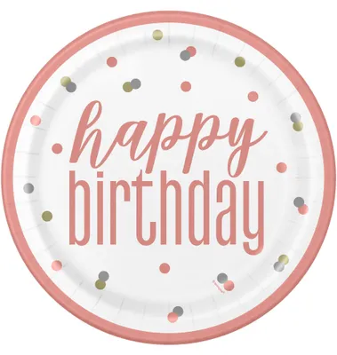 Produktbild von 8 Happy Birthday Pappteller in Weiß und Rosa mit Punkten 23cm - Einheitsgröße
