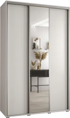 A three-door wardrobe with a mirrored center door, reflecting a room with decorative items on shelves and a console table.