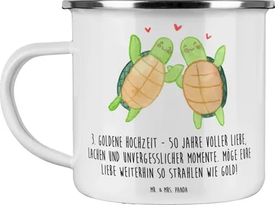 Produktbild von Mr. & Mrs. Panda Kaffeepott 50. Hochzeitstag - Weiß - Geschenk, Pott, Emaille Becher, Motivtasse, Goldene Hochzeit, Heiraten, Teetasse, Geschenke, unerschütterliche Liebe